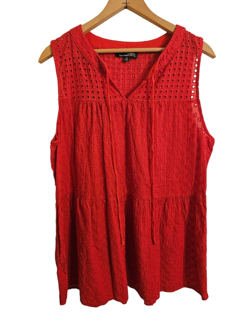 Suzane Betro Red Eyelet Tunic Sleeveless Top 100% Cottom Sz 1X